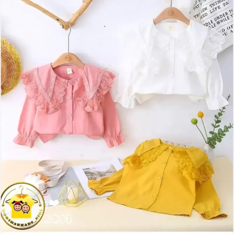 شومیز مجلسی دخترانه کتان نخ یقه گیپور وارداتی سایز 3 تا 8 سال