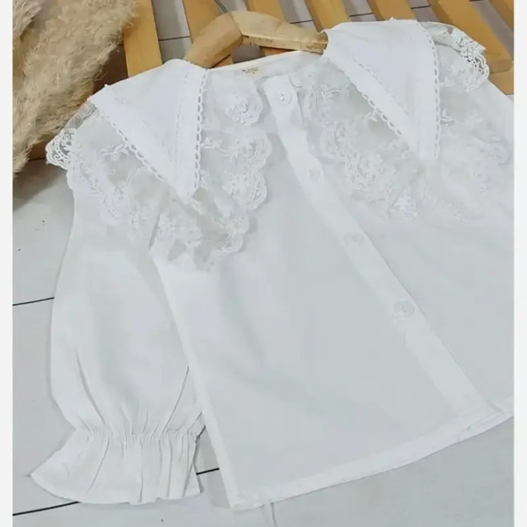 شومیز مجلسی دخترانه کتان نخ یقه گیپور وارداتی سایز 3 تا 8 سال