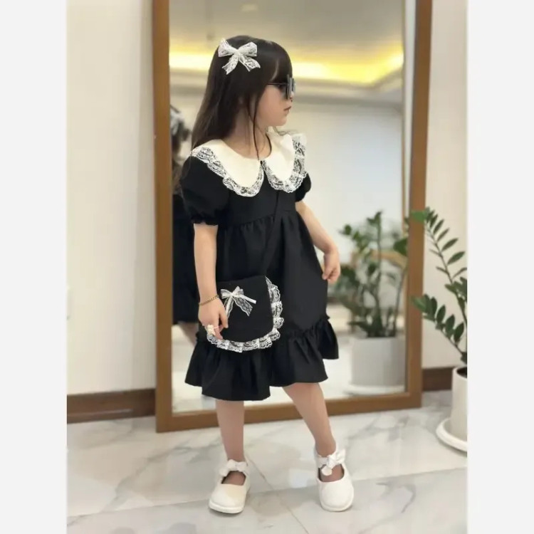 ست 4 تیکه دخترانه پیراهن لنین به همراه کیف و 2 گیره مو سایز 2 تا 8 سال