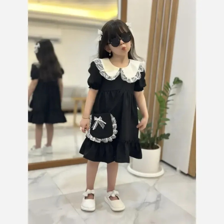 ست 4 تیکه دخترانه پیراهن لنین به همراه کیف و 2 گیره مو سایز 2 تا 8 سال