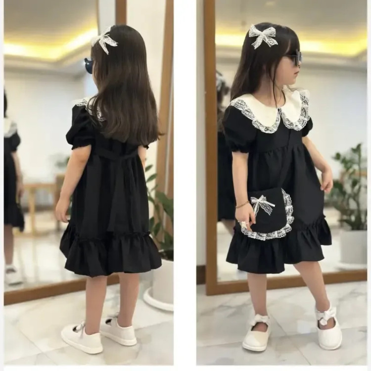 ست 4 تیکه دخترانه پیراهن لنین به همراه کیف و 2 گیره مو سایز 2 تا 8 سال